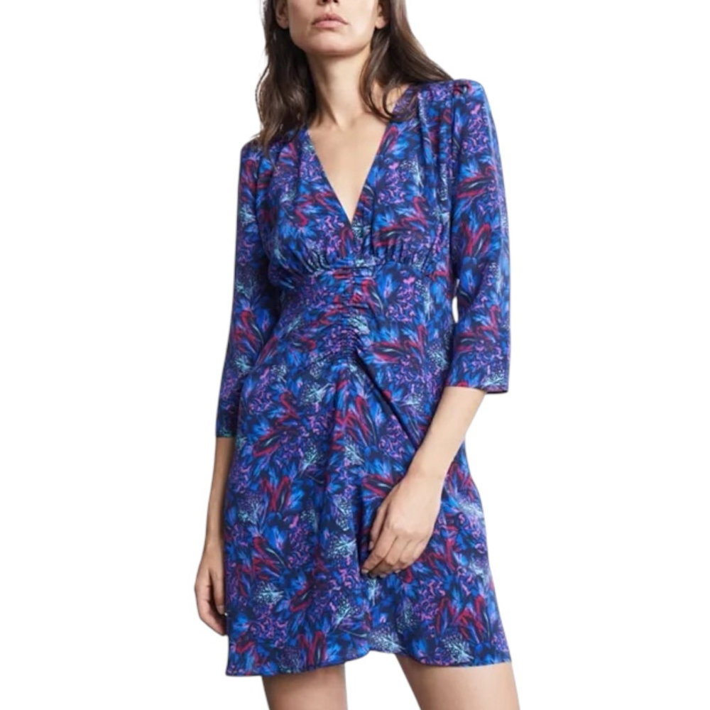 THE KOOPLES Feather Print Blue Pink 100% Silk V-Neck Mini Dress Size 0 (US 2)